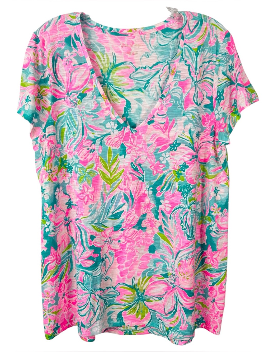 Lilly Pulitzer Etta V-Neck Cotton Top Pink & Green Floral Women's Large